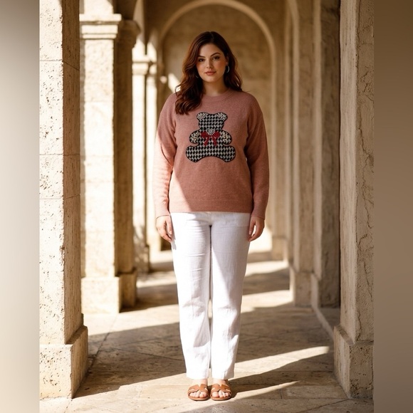 Sweaters - Women’s Boutique Large / XL Pink Teddy Bear Bow Sweater, Pearls, Gems, Bling NWT